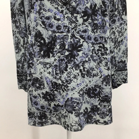 Rebecca Taylor Blouse Womens 0 Blue Black Floral Kiku Print 3/4 Sleeve Silk Top‎ - Picture 3 of 12